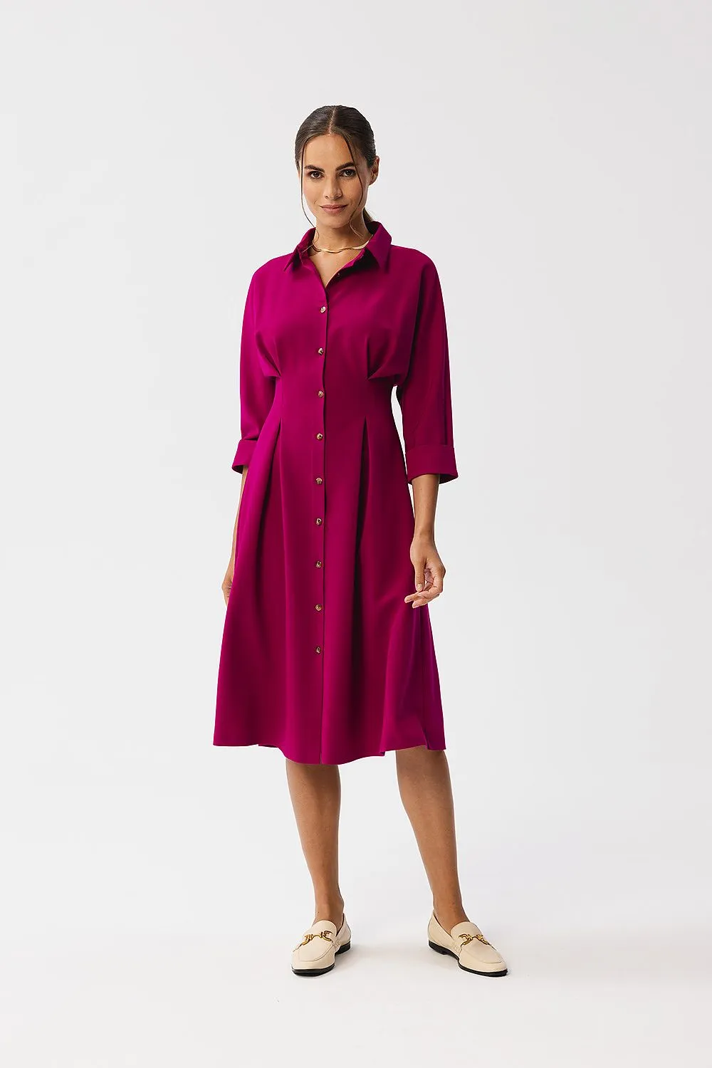Daydress Polyester Relaxed Fit Casual Shirt Collar Midi Shirt Dress