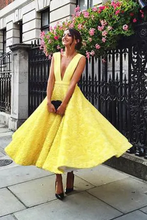 Deep V-neck Homecoming Dress, Cute Yellow Tea Length Lace Prom Dress