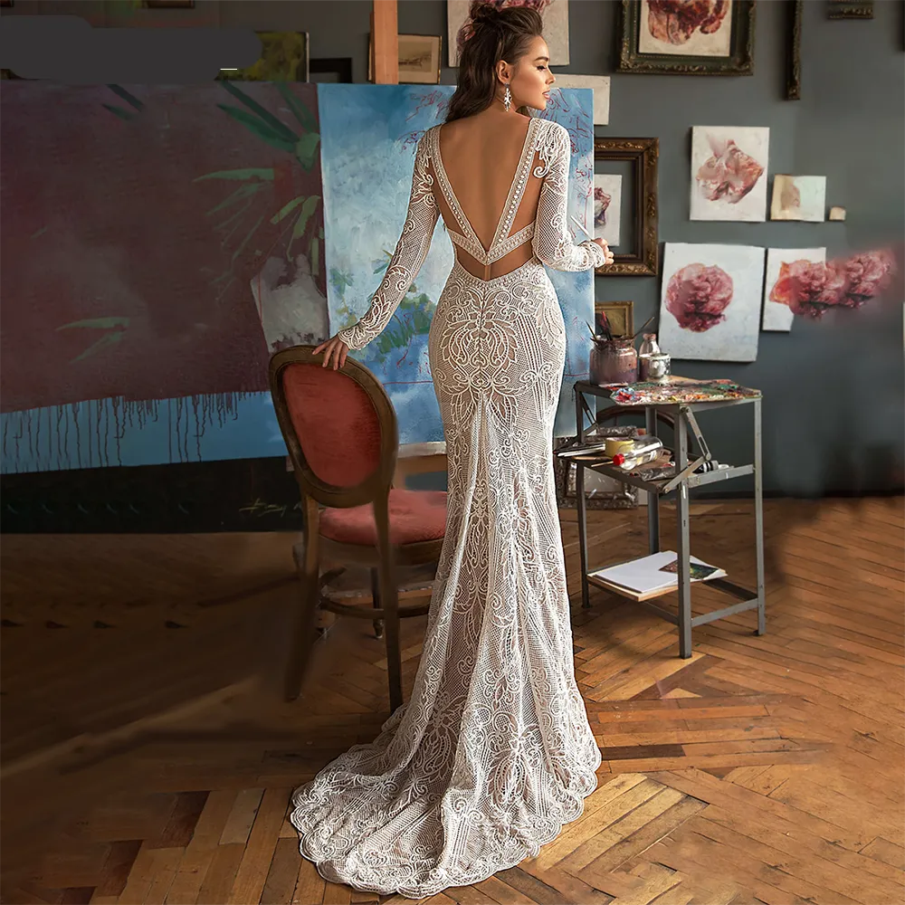 Deep V Neck Lace Backless Wedding Dress