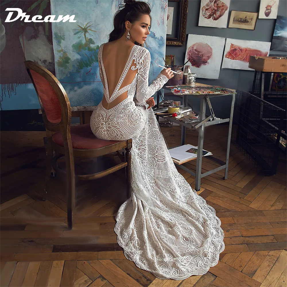Deep V Neck Lace Backless Wedding Dress