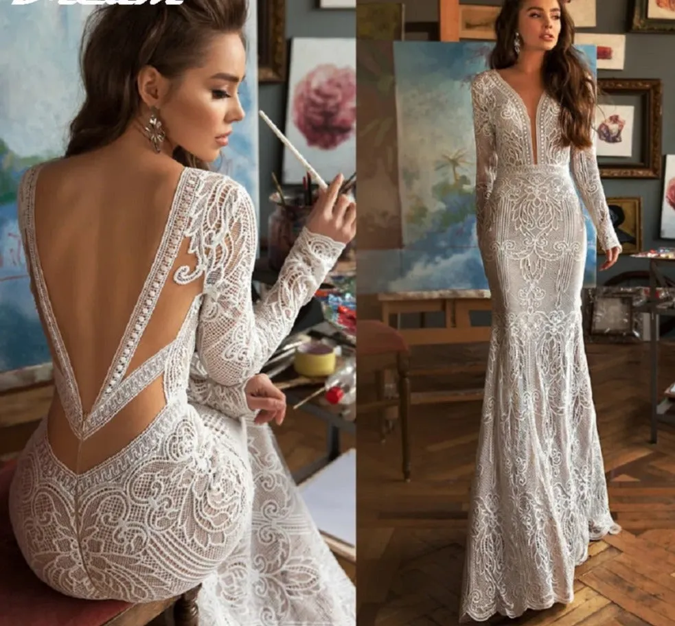 Deep V Neck Lace Backless Wedding Dress