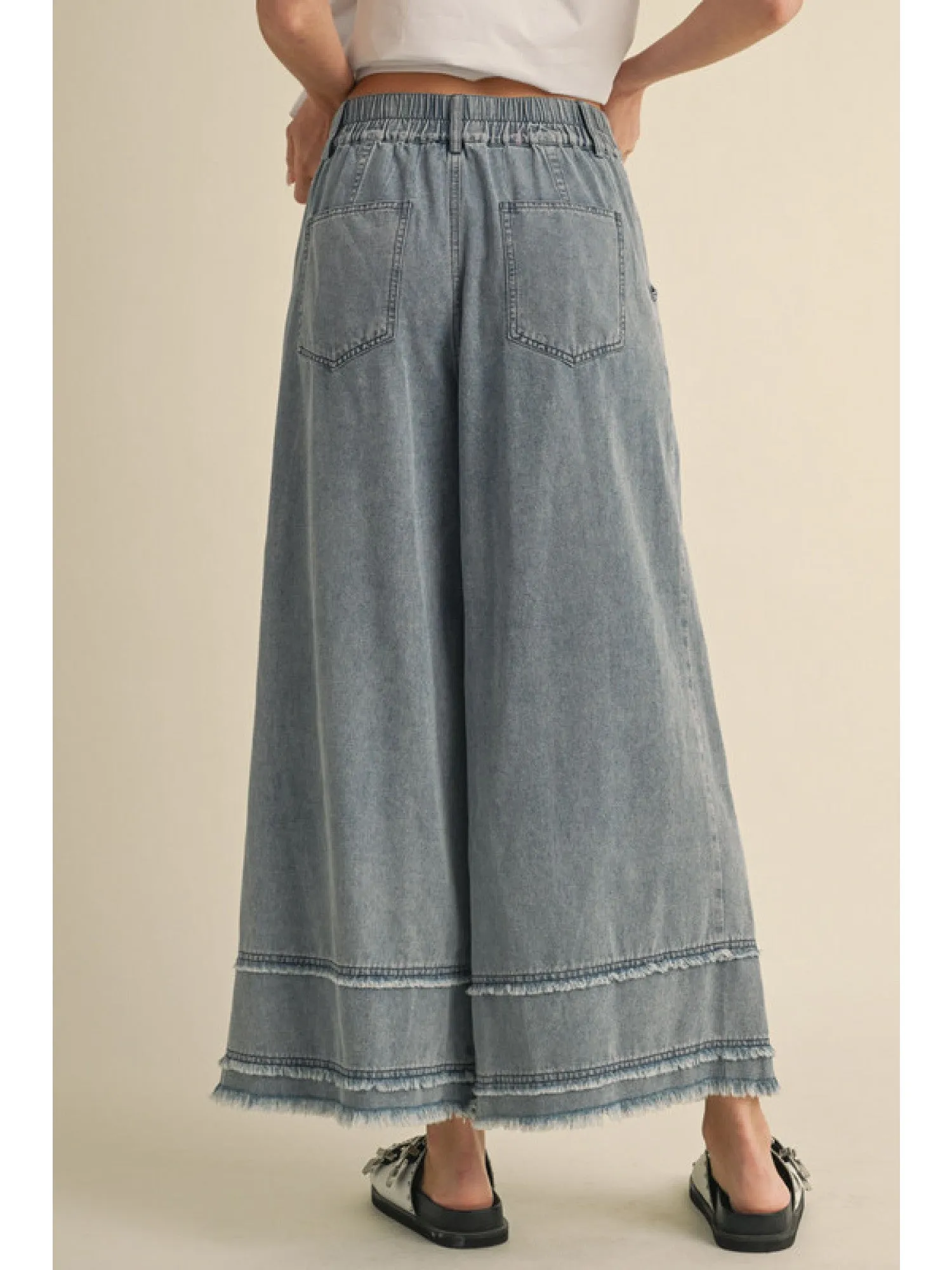 Denim Pleated Wide Leg Pants
