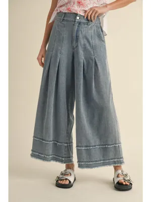 Denim Pleated Wide Leg Pants