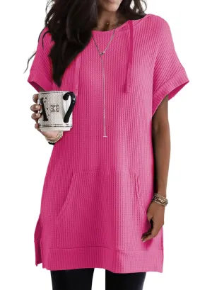 Dokotoo Oversized Hoodie for Women Summer Short Sleeve Waffle Knit Tops Fashion Solid Color Side Slit Tunics for Women 2025 Casual Hoodies with Drawstring Hot Pink Medium