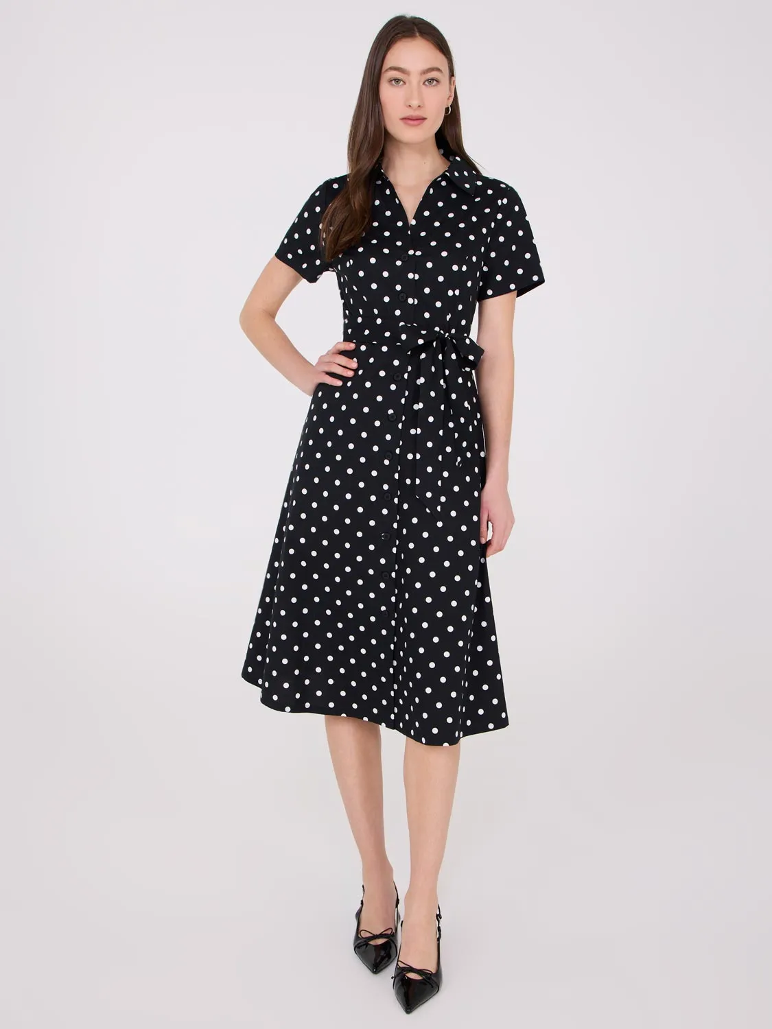 Dot Print Midi Cotton Shirt Dress With Side Pockets