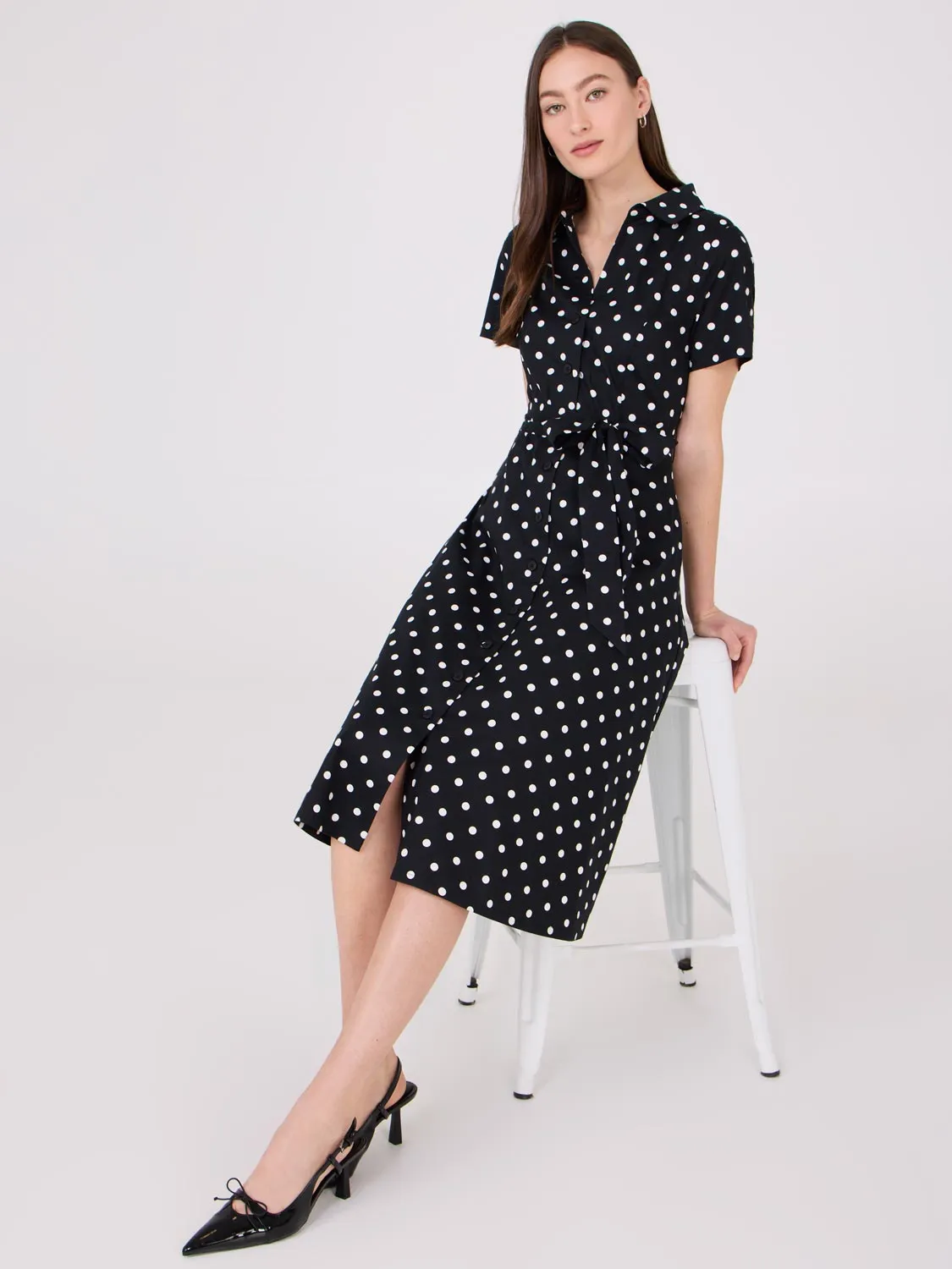 Dot Print Midi Cotton Shirt Dress With Side Pockets