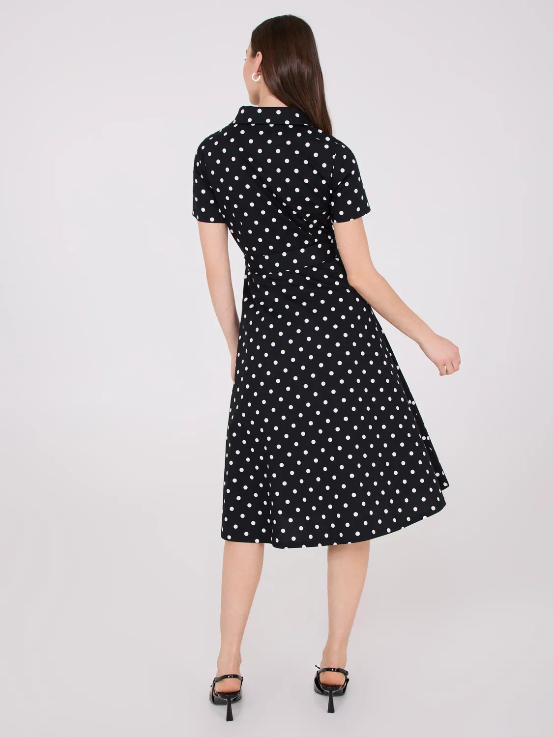 Dot Print Midi Cotton Shirt Dress With Side Pockets