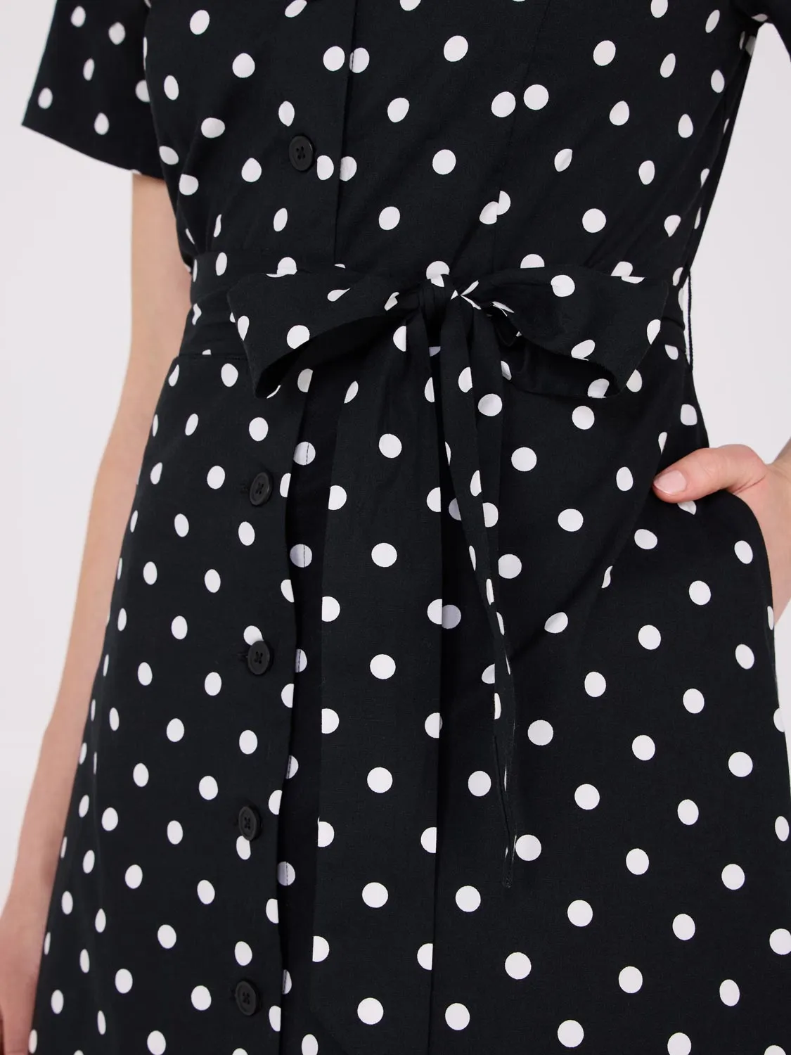 Dot Print Midi Cotton Shirt Dress With Side Pockets