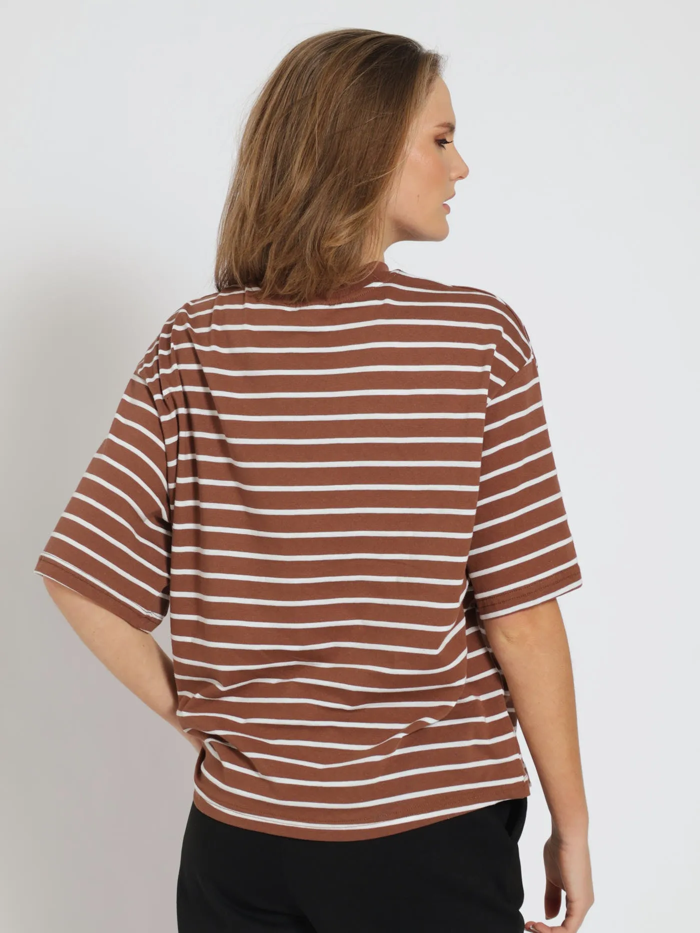 Drop Shoulder Stripe Boxy Tee - Brown/White