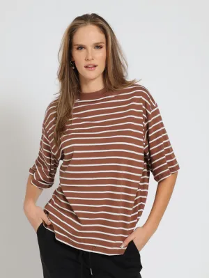 Drop Shoulder Stripe Boxy Tee - Brown/White