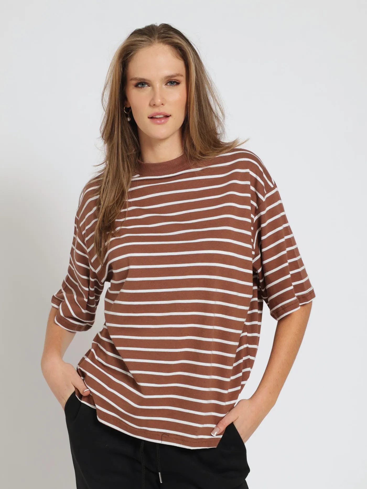 Drop Shoulder Stripe Boxy Tee - Brown/White