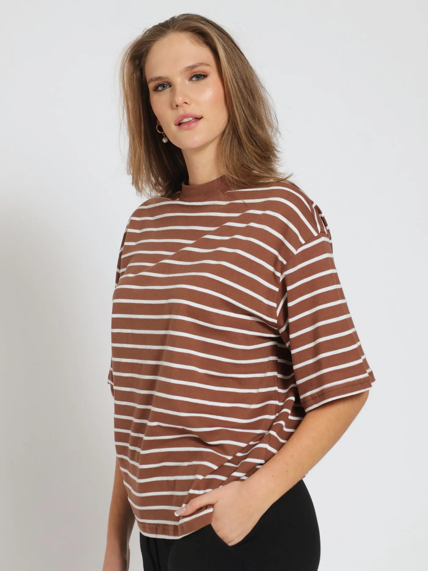 Drop Shoulder Stripe Boxy Tee - Brown/White