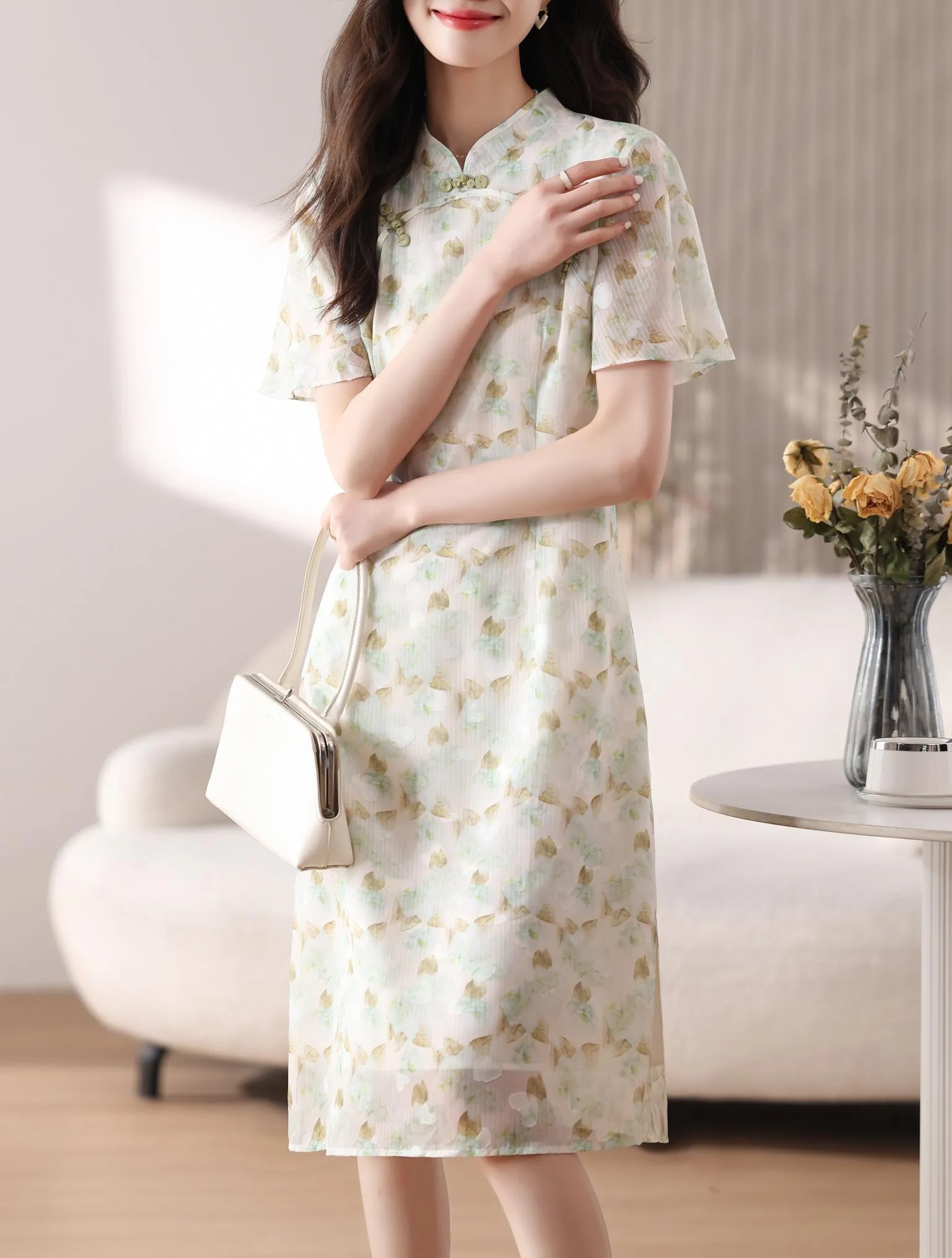 Elegant A-line Dress with Full Floral Print for Women