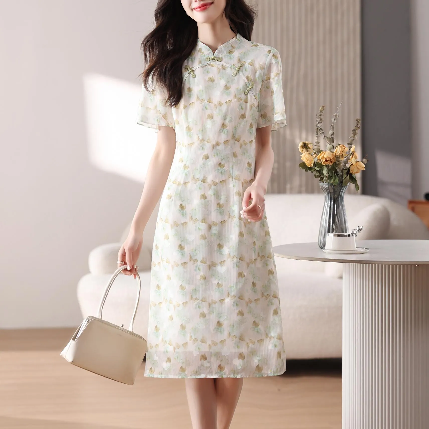 Elegant A-line Dress with Full Floral Print for Women