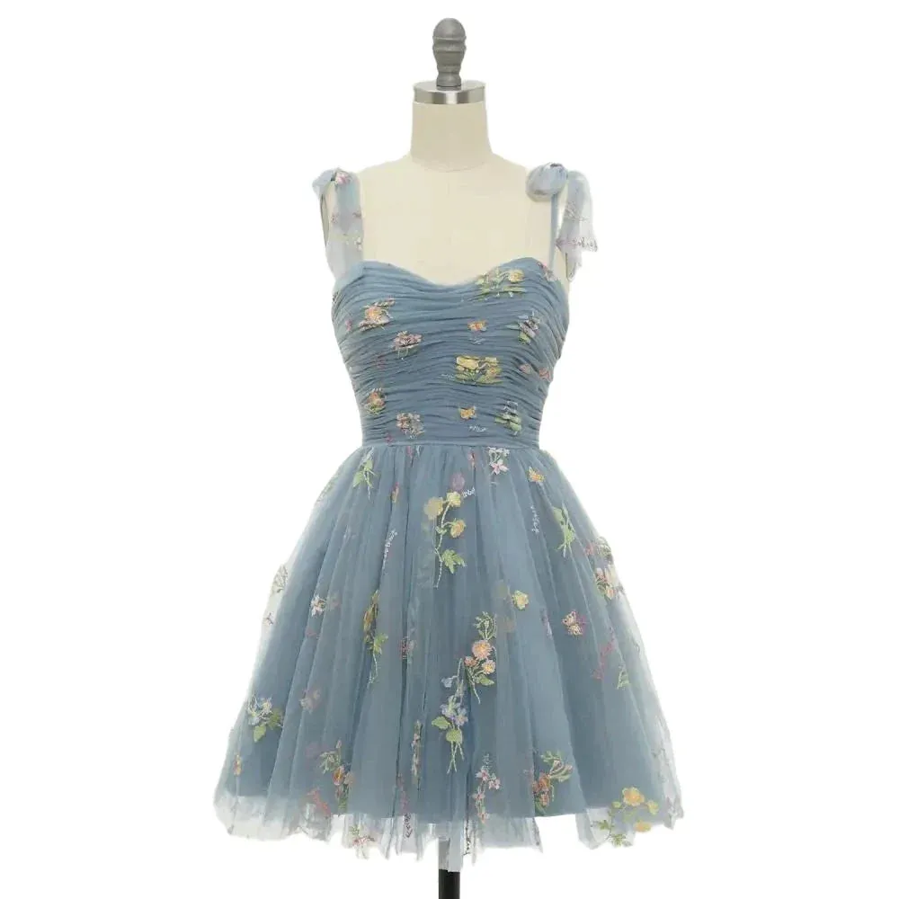 Elegant Party Dress Prom Dress Blue Adjustable Straps Shiny Love Tulle Tea Length Wedding Party Graduation Dress
