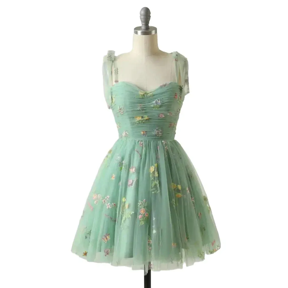 Elegant Party Dress Prom Dress Blue Adjustable Straps Shiny Love Tulle Tea Length Wedding Party Graduation Dress