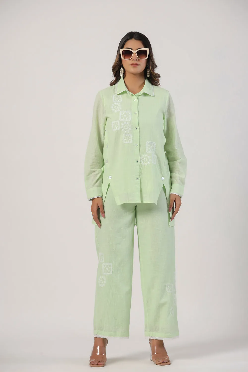 Elegant Pista Color Cotton Embroidered Co-Ord Set