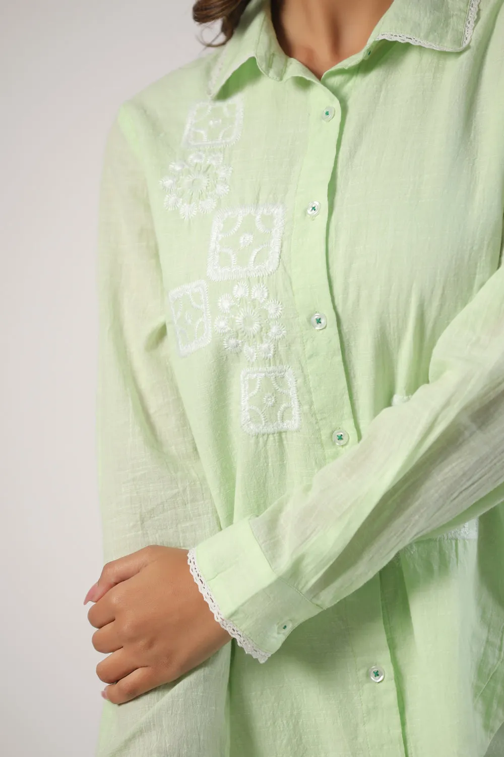 Elegant Pista Color Cotton Embroidered Co-Ord Set