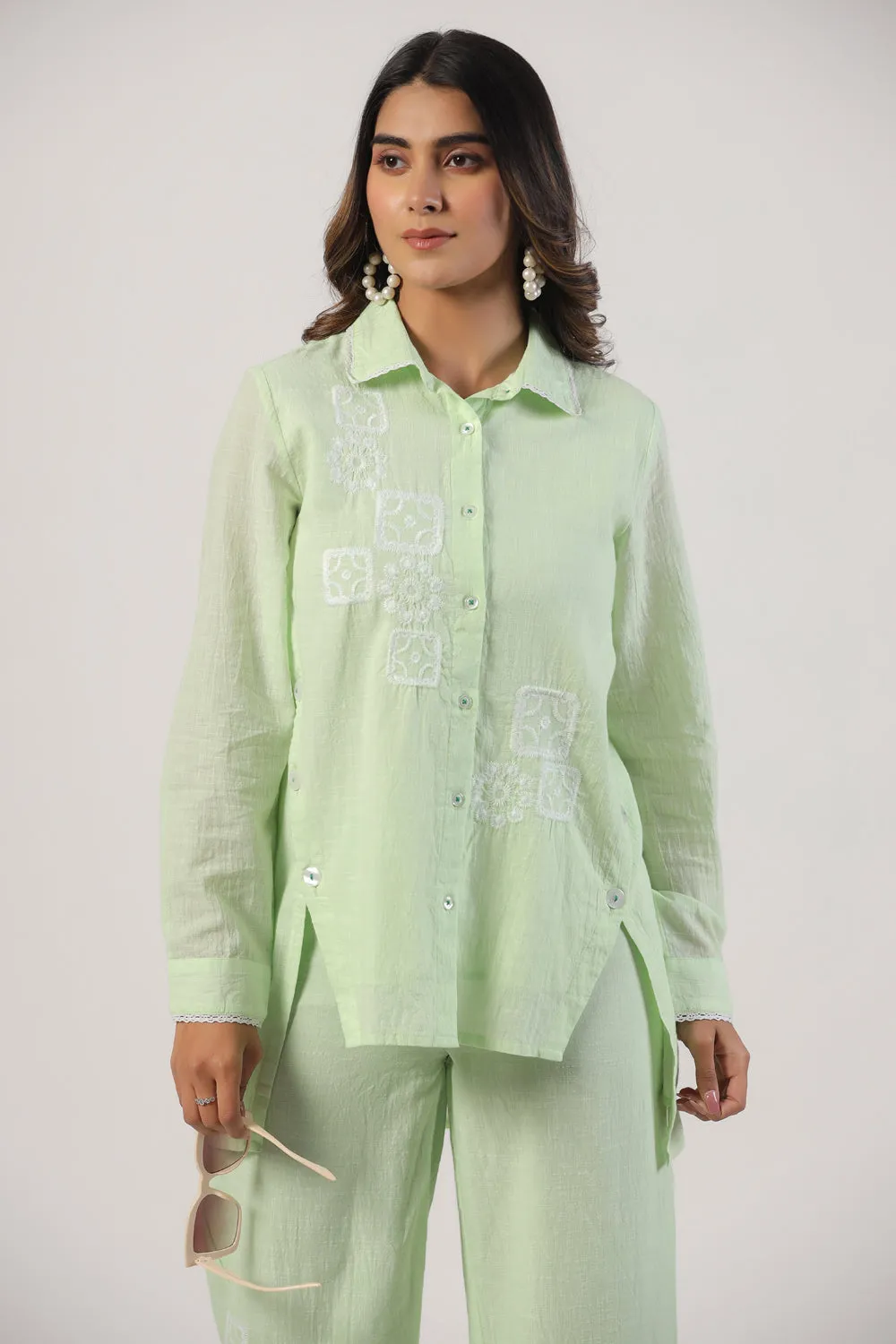 Elegant Pista Color Cotton Embroidered Co-Ord Set