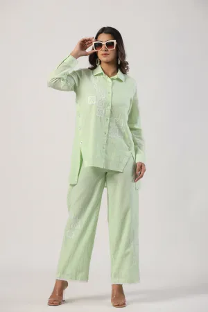 Elegant Pista Color Cotton Embroidered Co-Ord Set