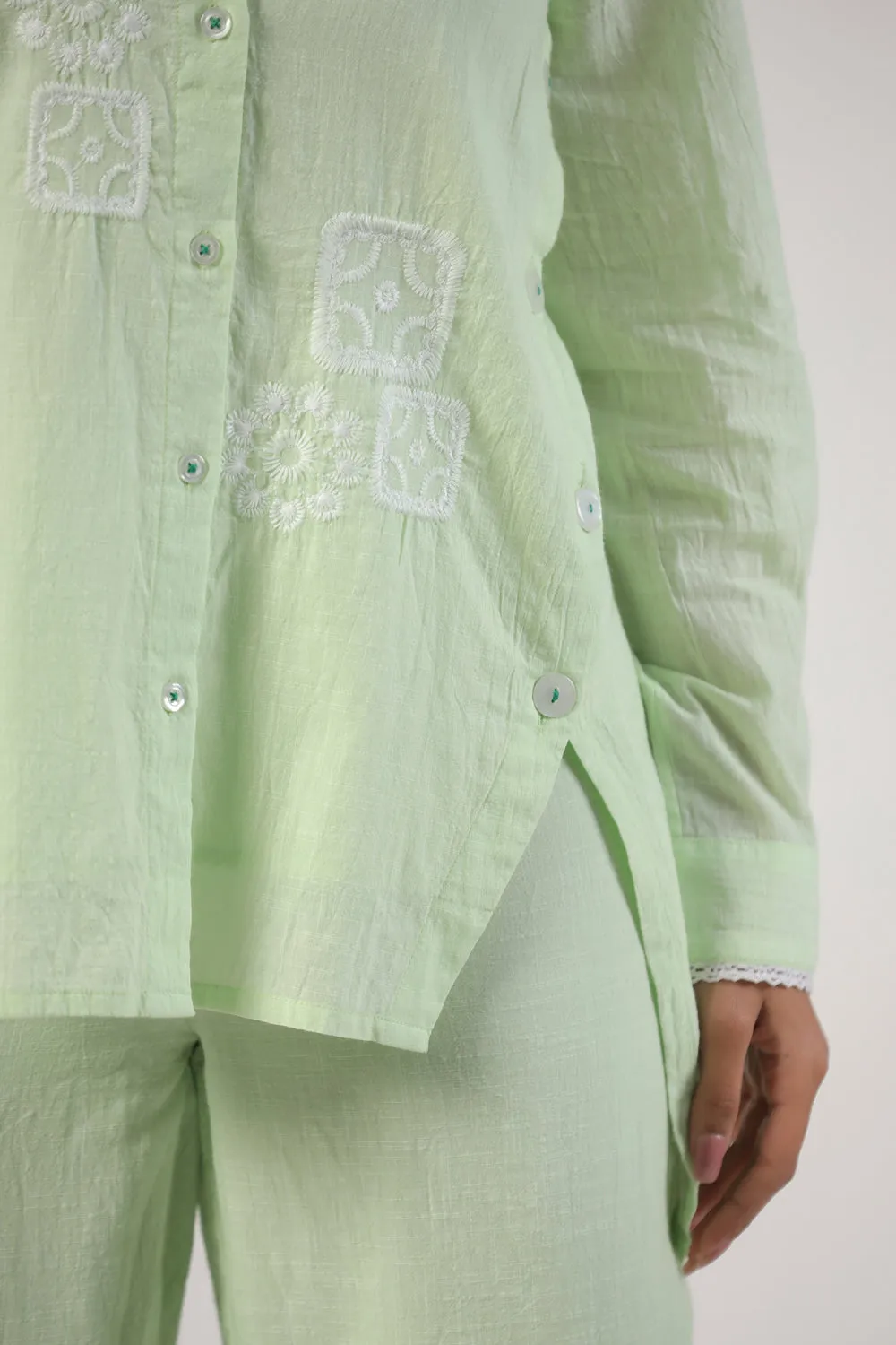 Elegant Pista Color Cotton Embroidered Co-Ord Set