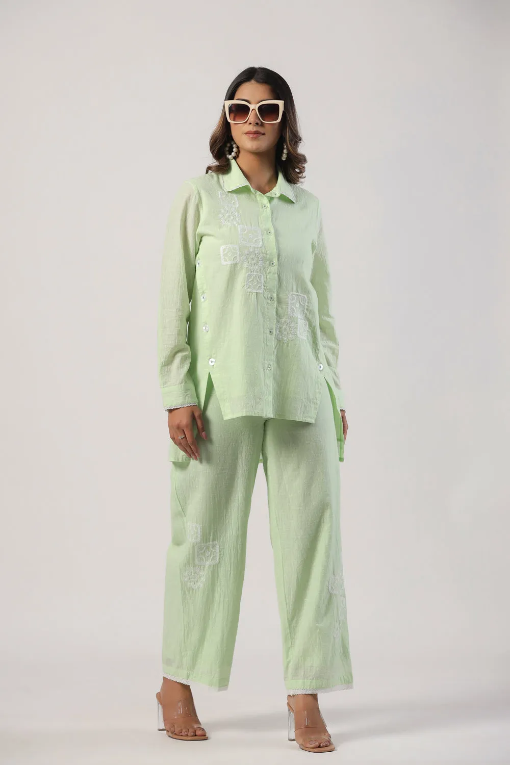 Elegant Pista Color Cotton Embroidered Co-Ord Set