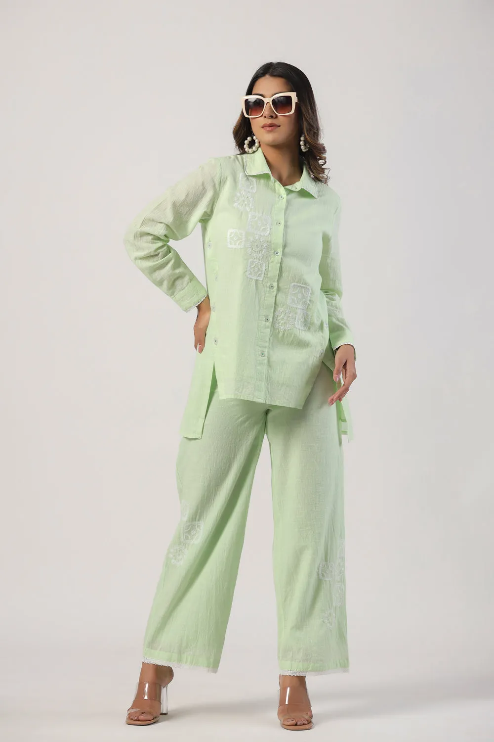 Elegant Pista Color Cotton Embroidered Co-Ord Set