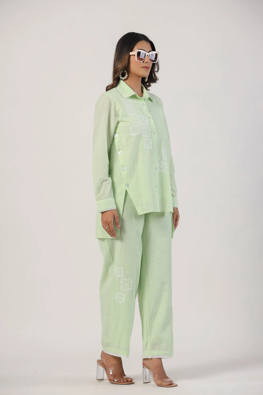 Elegant Pista Color Cotton Embroidered Co-Ord Set