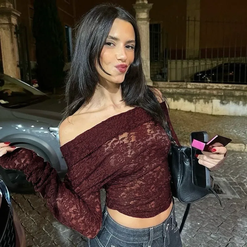 Elegant Sheer Lace One-Shoulder Long Sleeve Top