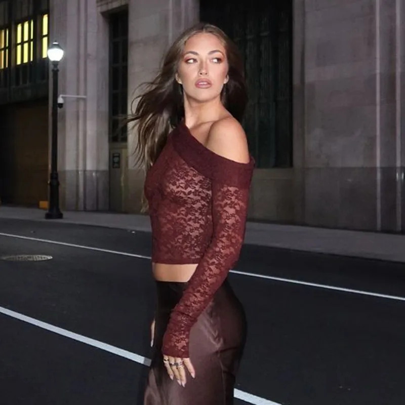 Elegant Sheer Lace One-Shoulder Long Sleeve Top