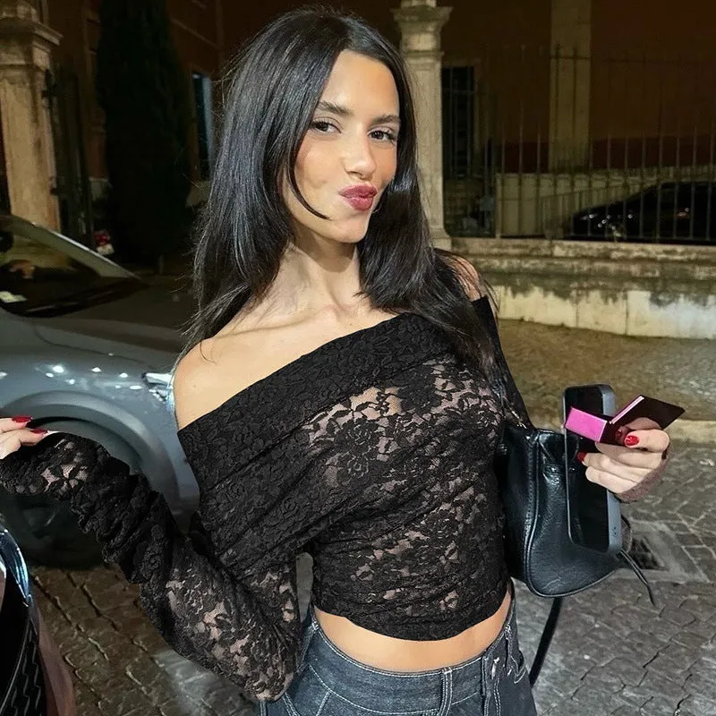 Elegant Sheer Lace One-Shoulder Long Sleeve Top