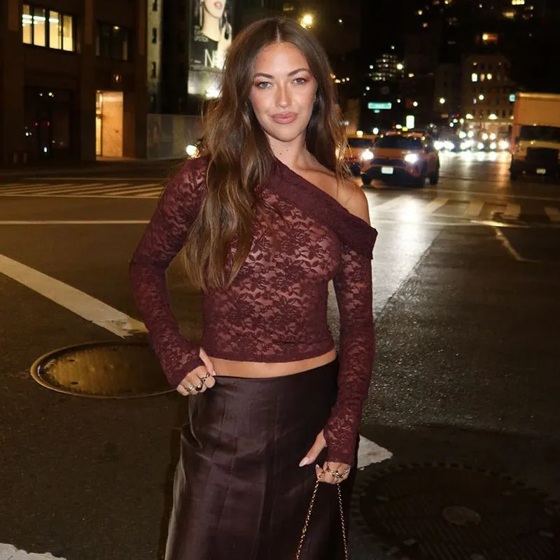 Elegant Sheer Lace One-Shoulder Long Sleeve Top