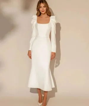 Elegant Wedding Dresses Square Neck Long Sleeve Short Mermaid Tea-Length Bridal Gown Wedding Party Dress Satin Formal Dress