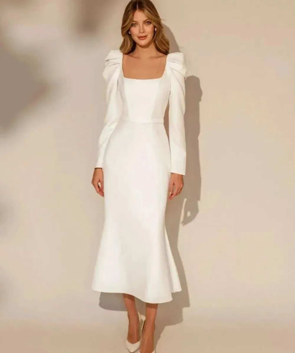 Elegant Wedding Dresses Square Neck Long Sleeve Short Mermaid Tea-Length Bridal Gown Wedding Party Dress Satin Formal Dress