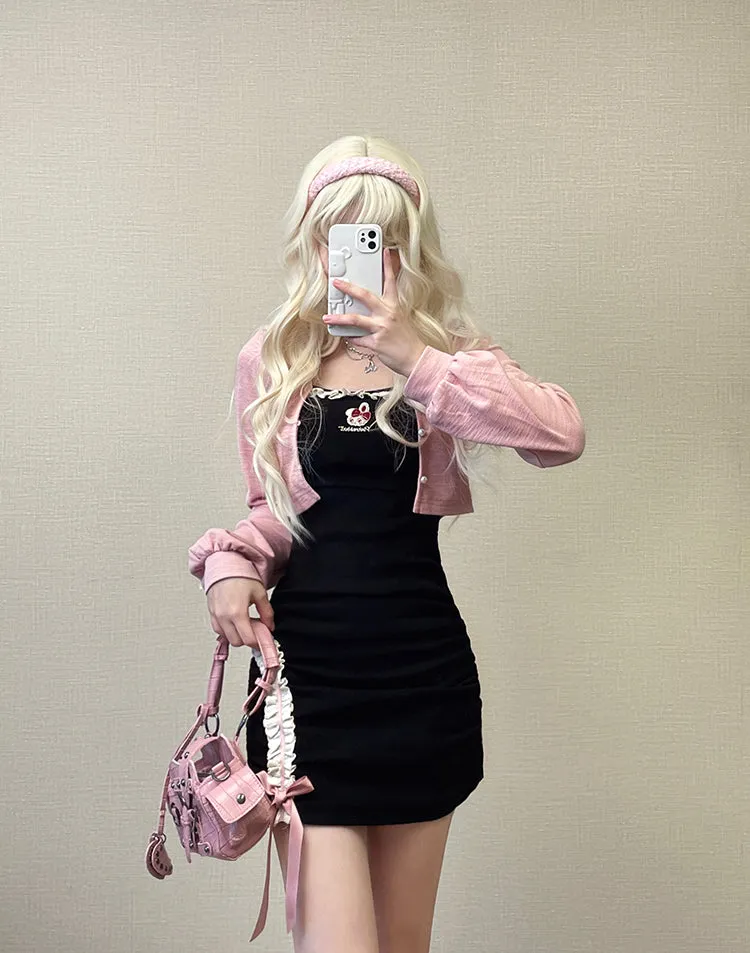 Embroidered Cardigan   Lace Suspender Skirt Set UB99183