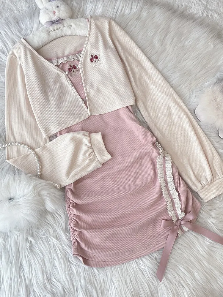 Embroidered Cardigan   Lace Suspender Skirt Set UB99183