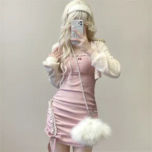 Embroidered Cardigan   Lace Suspender Skirt Set UB99183