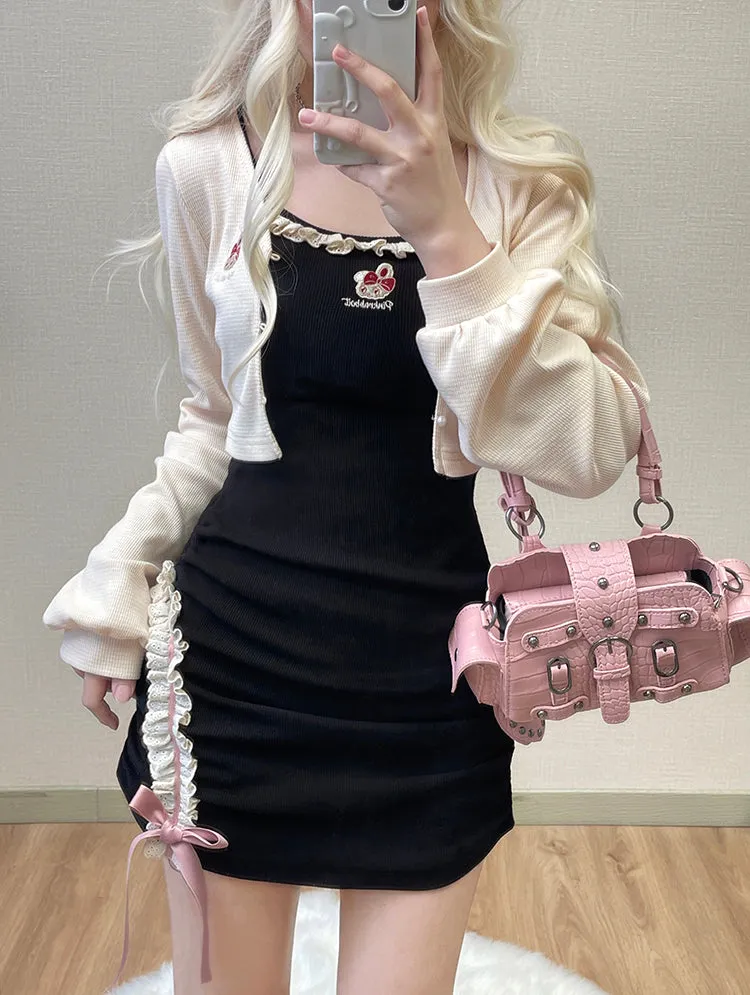 Embroidered Cardigan   Lace Suspender Skirt Set UB99183