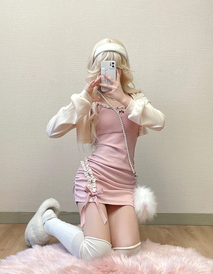 Embroidered Cardigan   Lace Suspender Skirt Set UB99183