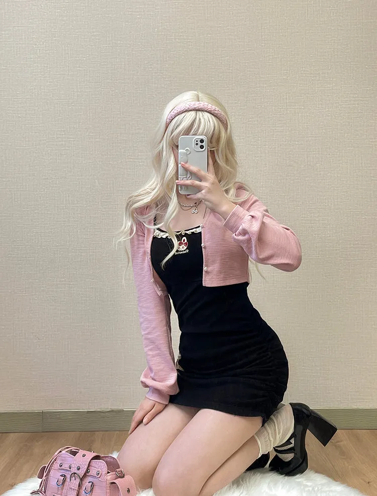 Embroidered Cardigan   Lace Suspender Skirt Set UB99183
