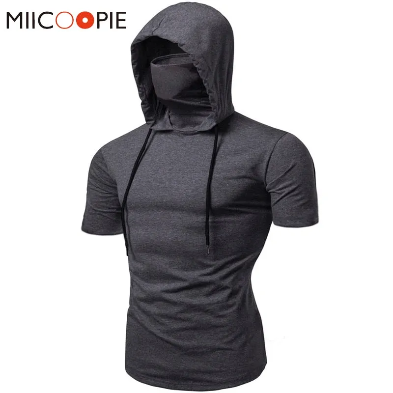 Fashion Short-Sleeved Mask Hooded T Shirt Men Casual Elastic Solid Fitness Tshirt Hip Hop Slim Fit Male T-shirt Streetwear M-3XL