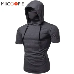 Fashion Short-Sleeved Mask Hooded T Shirt Men Casual Elastic Solid Fitness Tshirt Hip Hop Slim Fit Male T-shirt Streetwear M-3XL