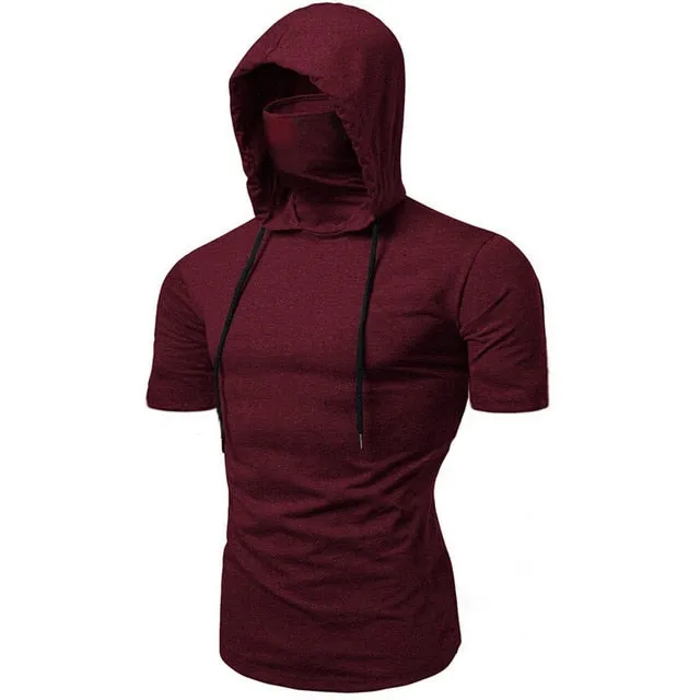 Fashion Short-Sleeved Mask Hooded T Shirt Men Casual Elastic Solid Fitness Tshirt Hip Hop Slim Fit Male T-shirt Streetwear M-3XL