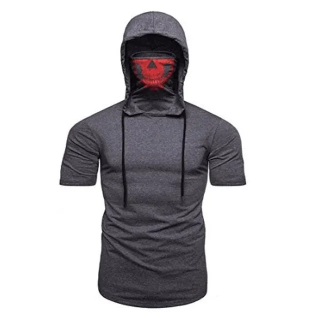 Fashion Short-Sleeved Mask Hooded T Shirt Men Casual Elastic Solid Fitness Tshirt Hip Hop Slim Fit Male T-shirt Streetwear M-3XL
