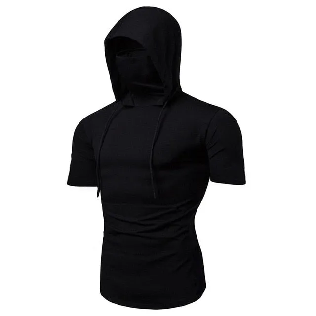 Fashion Short-Sleeved Mask Hooded T Shirt Men Casual Elastic Solid Fitness Tshirt Hip Hop Slim Fit Male T-shirt Streetwear M-3XL