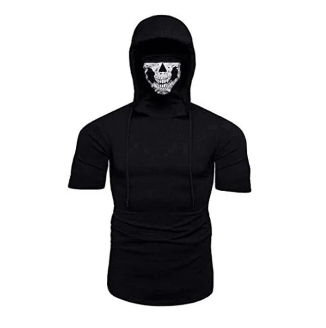 Fashion Short-Sleeved Mask Hooded T Shirt Men Casual Elastic Solid Fitness Tshirt Hip Hop Slim Fit Male T-shirt Streetwear M-3XL