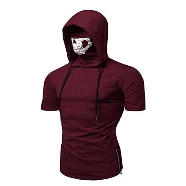 Fashion Short-Sleeved Mask Hooded T Shirt Men Casual Elastic Solid Fitness Tshirt Hip Hop Slim Fit Male T-shirt Streetwear M-3XL