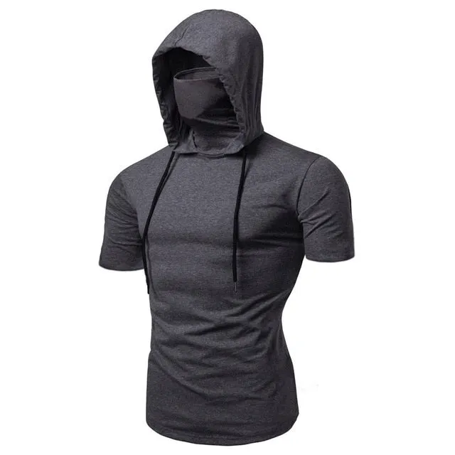 Fashion Short-Sleeved Mask Hooded T Shirt Men Casual Elastic Solid Fitness Tshirt Hip Hop Slim Fit Male T-shirt Streetwear M-3XL