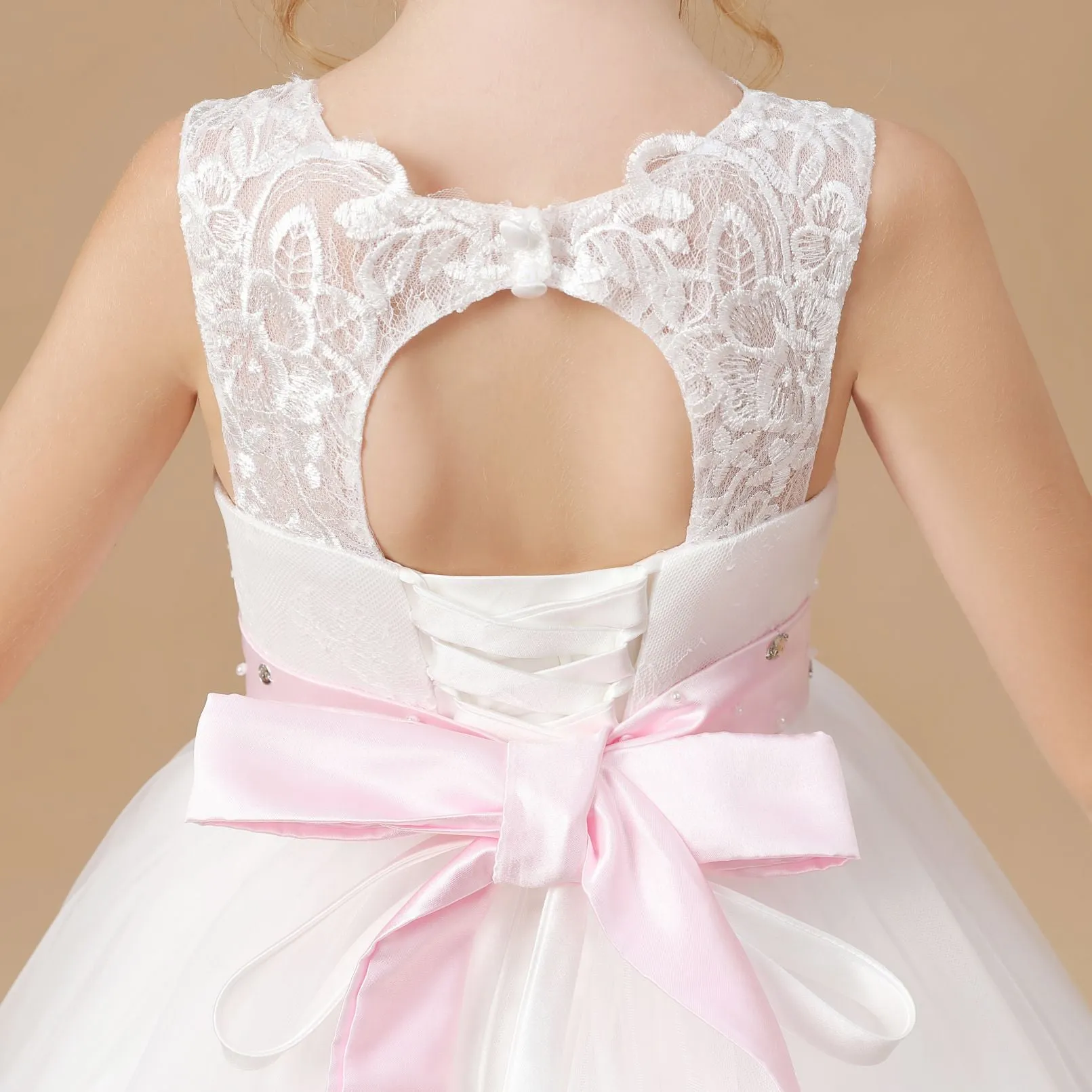 Floor-length Sleevelesss Lace Tulle Satin Flower Girl Dresses With Pink Bowknot Sash
