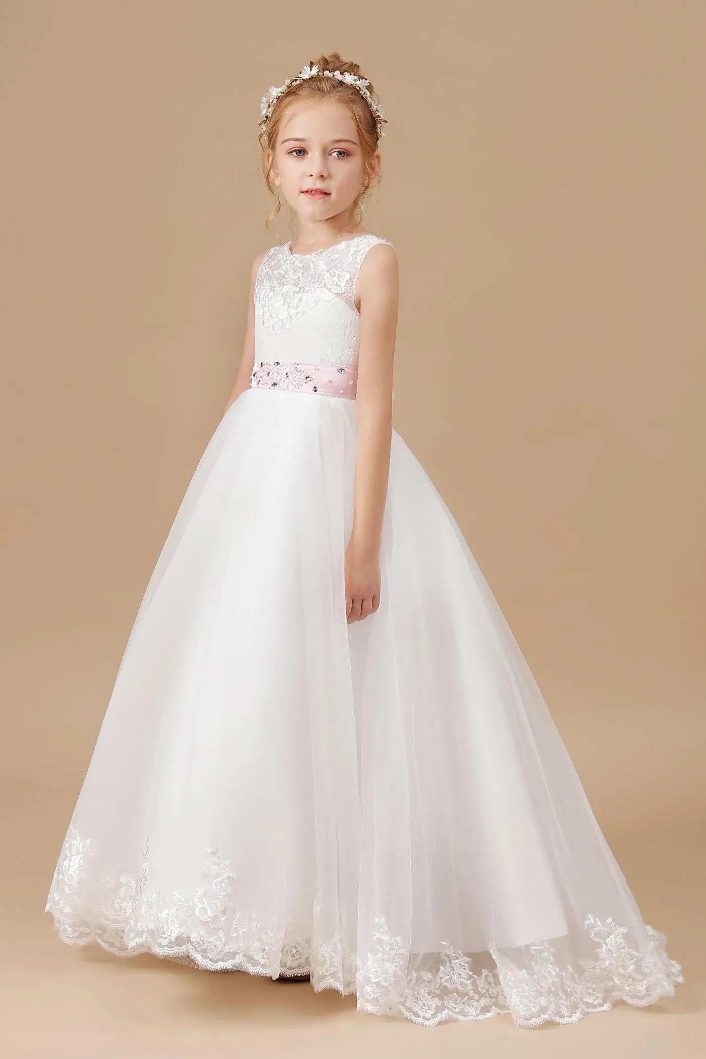 Floor-length Sleevelesss Lace Tulle Satin Flower Girl Dresses With Pink Bowknot Sash
